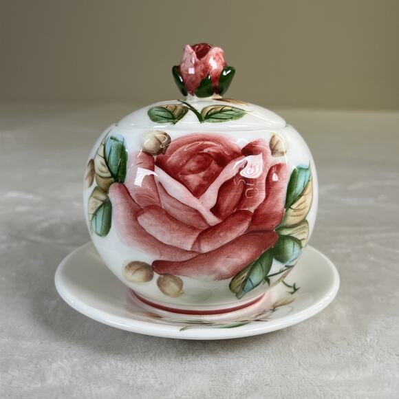 Lefton Handpainted Jelly/Jam Dish, Americana Rose Design 5”x 5” w/o Spoon Chrty - Picture 2 of 14